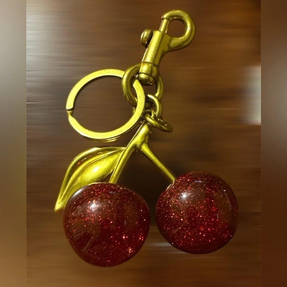 Gold and Red Cherry Bag Charm Keychain